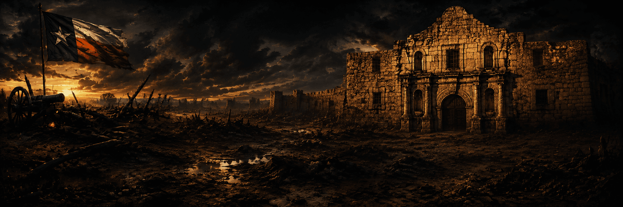 The Alamo and Texas flag at sunset