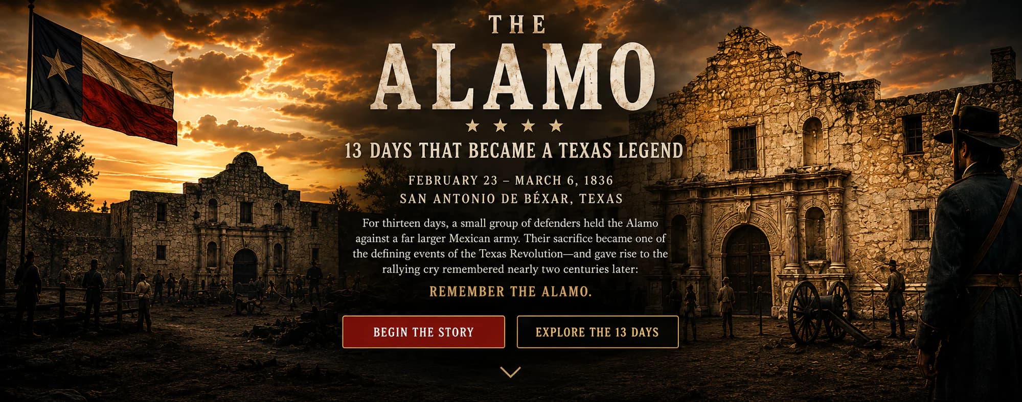 The Alamo and a Texas flag beneath a dramatic sunset